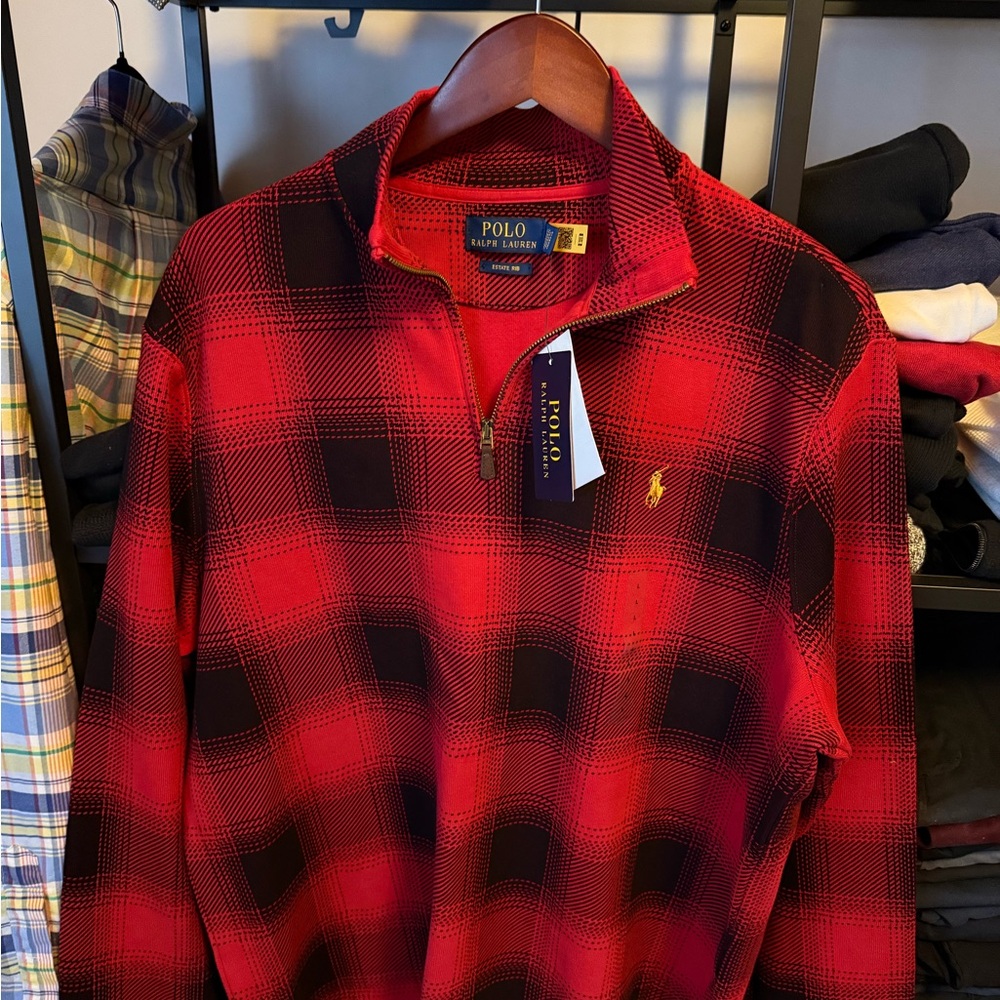 *** RL Quarter Zip - (L) NWT - Ralph Lauren Red and Black Plaid Men's Sweatshirt